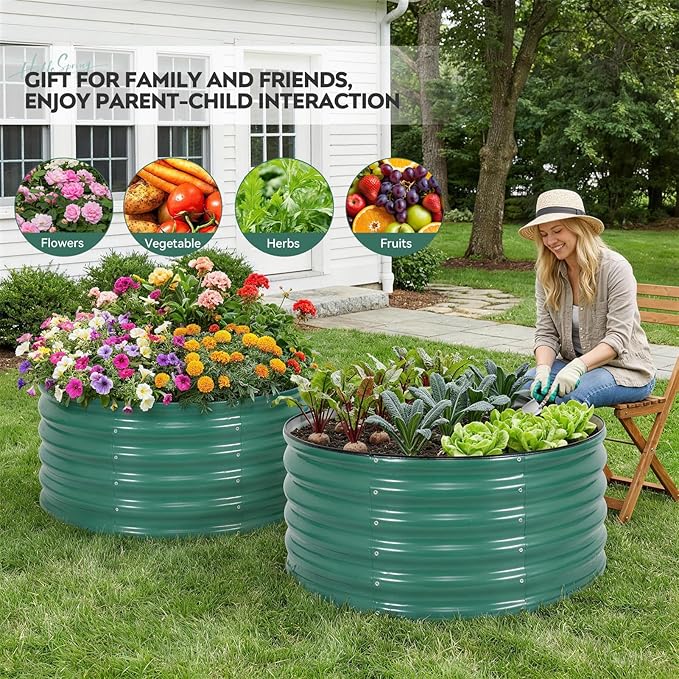 ZORMY Galvanized Raised Garden Bed Outdoor, Round Metal Planter Boxes 2 Pcs, 3x3x1.4ft Steel Raised Bed Kit for Planting Vegetables, Fruits, Flowers(LotusGreen) ZORMY