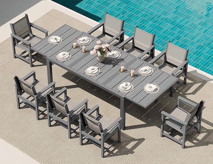 SERWALL 9-Piece Outdoor Dining Set, 60" - 83" Expandable Patio Dining Table with 6 Breathable Textilene Chairs, All Weather HDPE Patio Furniture Set for Backyard, Garden, Grey SERWALL