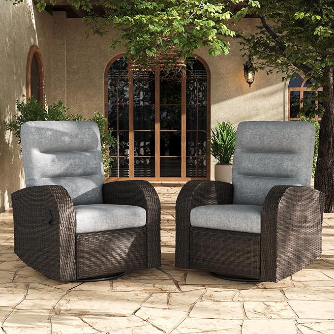 LayinSun Oversized Wicker Outdoor Swivel Glider Recliner with Adjustable Backrest & Footrest, Patio Reclining Lounge Chair - Set of 2 LayinSun