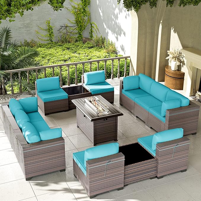 Kullavik 13 Pieces Outdoor Patio Furniture Set with 43" 55000BTU Gas Propane Fire Pit Table PE Wicker Rattan Sectional Sofa Patio Conversation Sets,Blue KULLAVIK