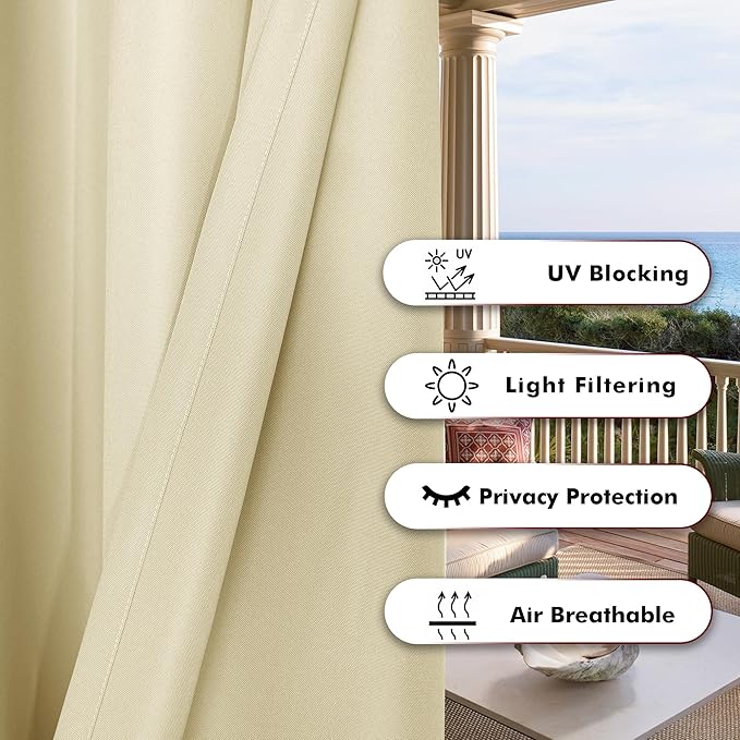 BONZER Outdoor Waterproof Curtains for Patio Wide Grommet Light Filtering Outside Curtains for Gazebo, Porch, Pergola, Pavilion, 1 Panel, 110W x 84L inch, Cream Bonzer