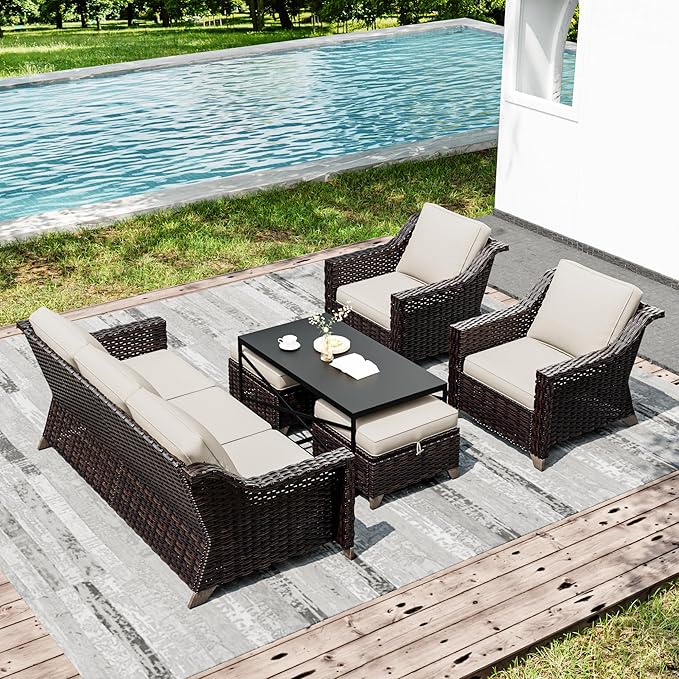 Joyside Wicker Patio Furniture Sets, 6 Pieces Upgraded Large Size Outdoor Furniture with Patio Dining Chairs, 3-Seat Sofa and Outdoor Ottoman, Thick Cushions, Wide Armrest Joyside