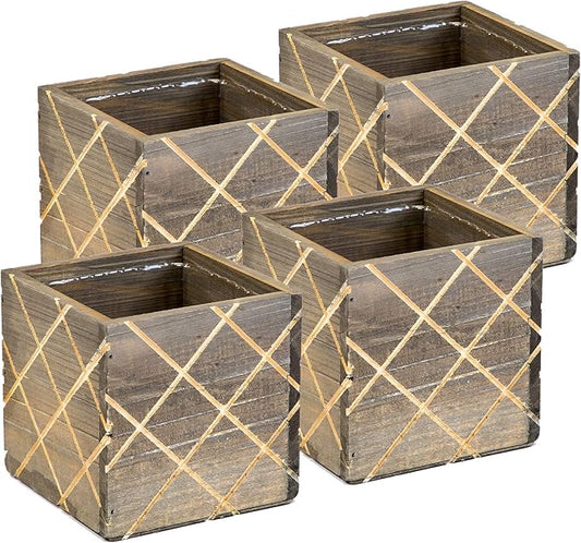 Wood Planter Box with Diamond Cross Hatch Style, 5 Inch Square, Rustic Barn Wood, Plastic Liner, Wedding Flowers Holder, Home and Venue Decor (5x5 Diamond Cross Hatch Set of 4, Natural) Rootora