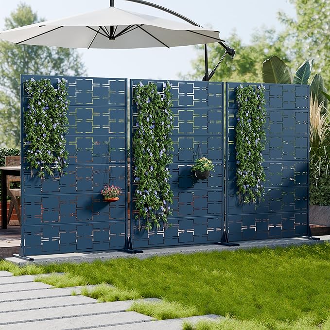 Casaphoria Metal Privacy Screen Outdoor, 72" H x 47" W Freestanding Decorative Privacy Screen for Patio Deck Balcony Garden with Stable Base, Blue-Square Casaphoria