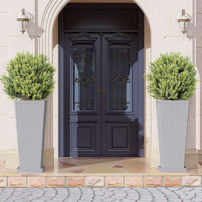 Tall Planters for Outdoor Plants Set of 2, 23.6" Large Taper Flower Plant Pots with Drainage Hole and Drainage Trays, Weather-Resistant Plastic planters for Patio, Porch, Garden, Grey Rootora