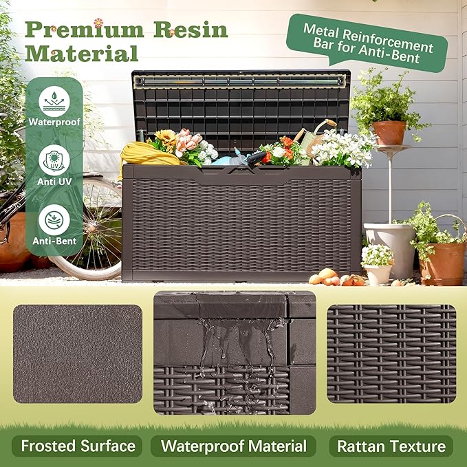 Flamaker Outdoor Storage Box 100 Gallon Waterproof Resin Deck Box Delivery with Air Rod Indoor Outdoor Lockable Storage Bench for Patio Cushions, Tools, Pool Accessories (Deep Brown) Flamaker