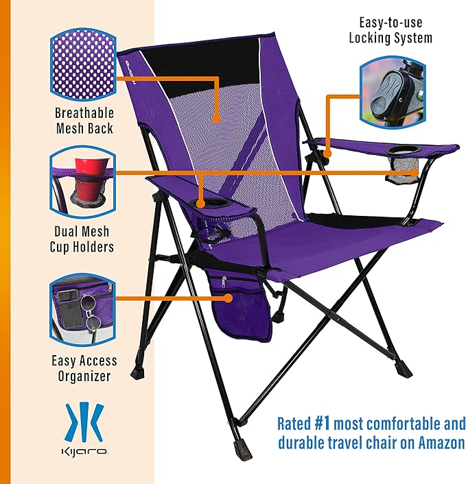 Kijaro Dual Lock Portable Camping Chairs - Enjoy the Outdoors with a Versatile Folding Chair, Sports Chair, Outdoor Chair & Lawn Chair - Dual Lock Feature Locks Position – Kawachi Purple Kijaro