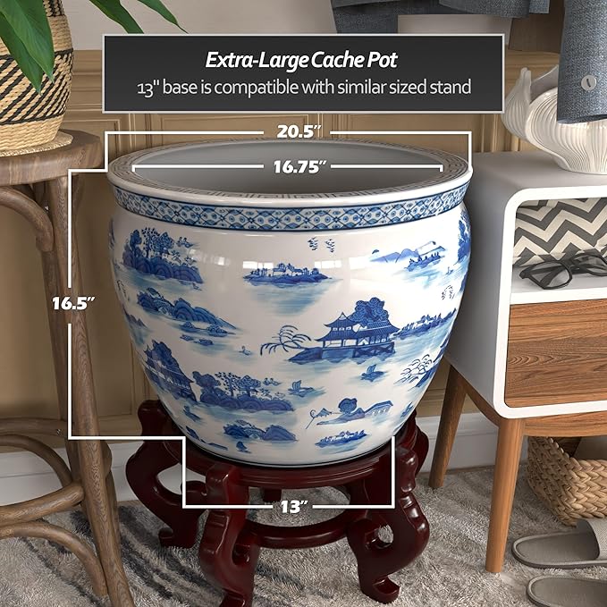 Red Lantern 20" Porcelain Fishbowl Blue & White Landscape Planter RedLantern