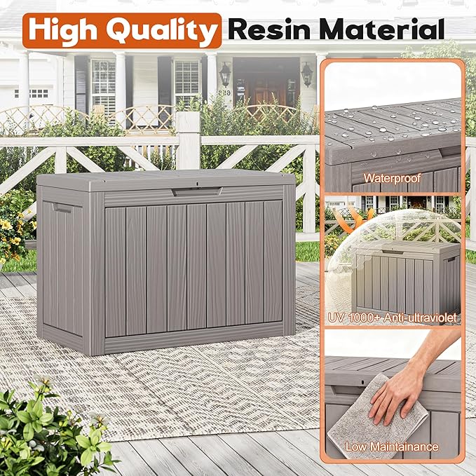 Outdoor Storage Box, Resin Deck Boxes Indoor and outdoor, Waterproof Storage Box Lockable Lid (Grey, 50 Gallon) NBYSGO