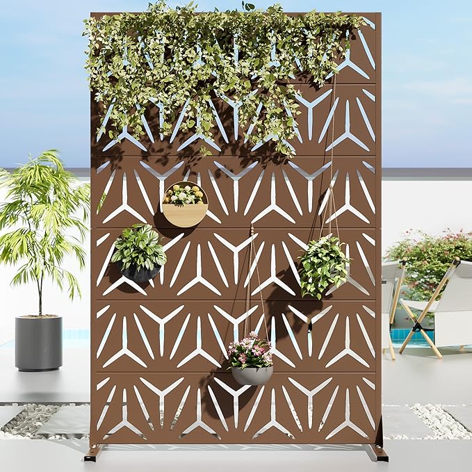Casaphoria Metal Privacy Screen Outdoor, 72" H x 47" W Freestanding Decorative Privacy Screen for Patio Deck Balcony Garden with Stable Base, Brown Star Casaphoria