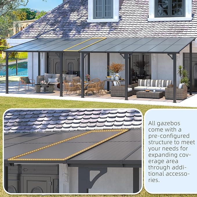 AECOJOY 22' x 8' Gazebo for Patio, Large Wall-Mounted Hard Top Lean-to Gazebo Pergola with Roof 8' x 22' on Clearance, Heavy Duty Patio Awnings for Decks, Backyard AECOJOY