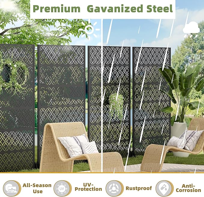 Casaphoria Metal Privacy Screen Outdoor, 72" H x 47" W Freestanding Decorative Privacy Screen for Patio Deck Balcony Garden with Stable Base, Palace Black Casaphoria