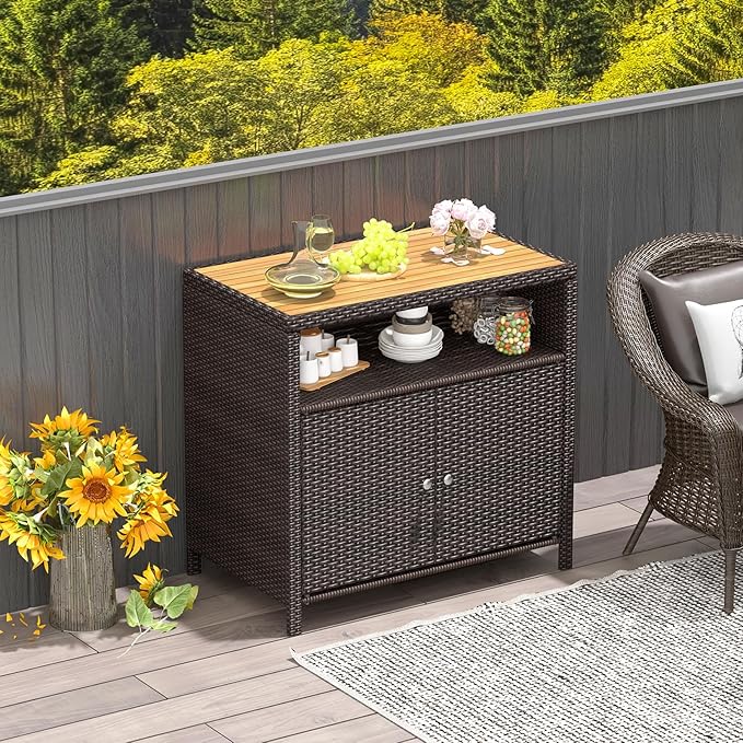 Tangkula Rattan Outdoor Storage Cabinet, Patiojoy Outdoor Cabinet with Acacia Wood Countertop, Open Compartment, 2-Door Wicker Sideboard, Outdoor Bar for Patio Garden Backyard Poolside (Mix Brown) TANGKULA