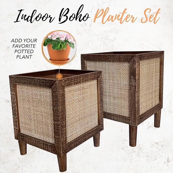 Autumn Alley Rustic Boho Large Indoor Planter - Rattan Planter Boxes Outdoor Set of 2 – Wooden Indoor or Outdoor Plant Box Stands – Decorative Square Woven Rattan Flower Pots for Home & Office AutumnAlley