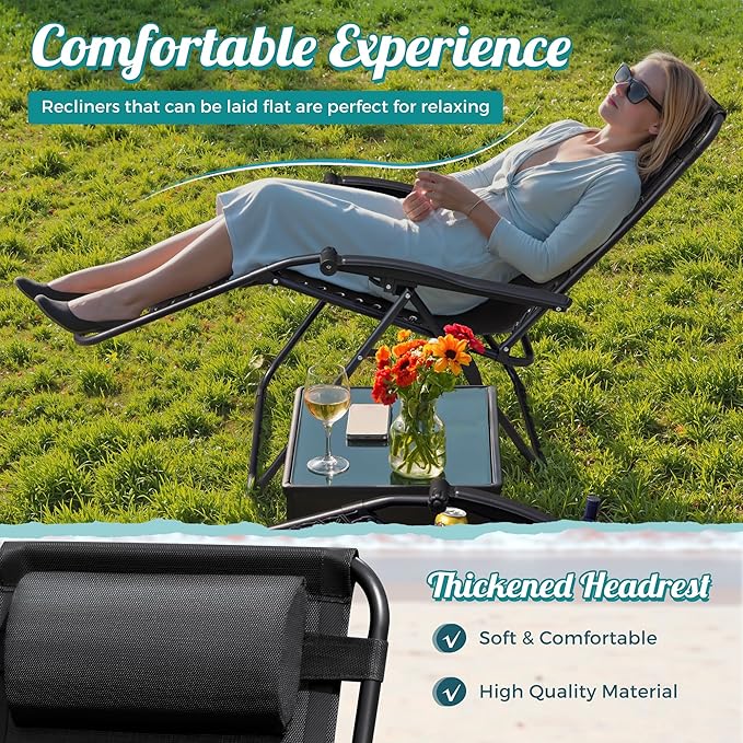 Homall Zero Gravity Chair Patio Folding Lawn Lounge Chairs Outdoor Lounge Gravity Chair Camp Reclining Chair with Pillows for Poolside Backyard and Beach Set of 2 (Dark Black) Homall