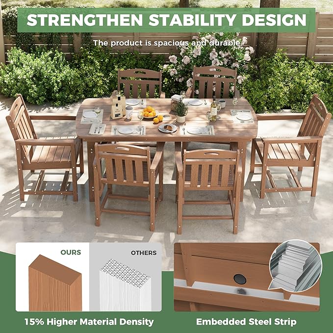 HDPE Outdoor Dining Set, Patio Table and Chairs Set, All-Weather 7-Piece Outside Table and 6 Chairs, 2" Umbrella Hole, Outdoor Furniture for Garden, Poolside, Backyard, Deck | Teak Suunyn