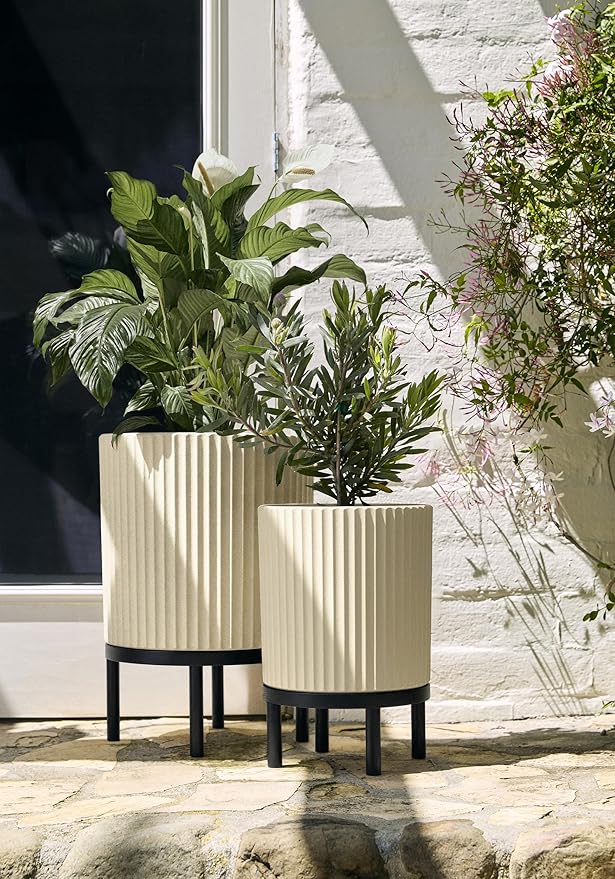Veradek Demi Series Round Planter w/Stand for Porch/Patio | Durable Plastic-Stone Composite & Wooden Stand | Modern Décor for Tall Plants, Flowers VeradekOutdoor