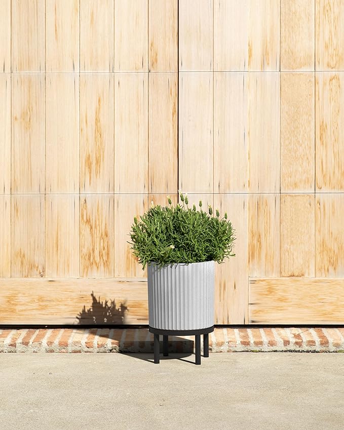 Veradek Demi Series Round Planter w/ Stand for Porch/Patio | Durable Plastic-Concrete & Wooden Stand | Modern Décor for Tall Plants, Flowers VeradekOutdoor