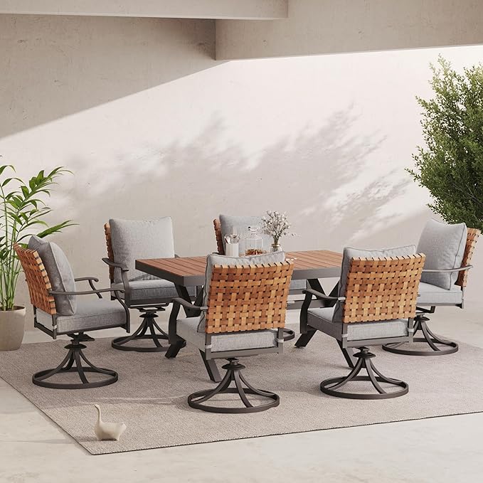 Grand patio 7-Piece Outdoor Dining Set, 6 Leather-Look Wicker Swivel Patio Chairs & 1 Extendable Rectangular Dining Table, Brown GrandPatio