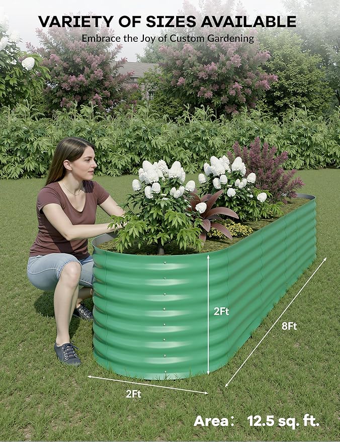 GarveeLife 8x2x2 ft Galvanized Raised Garden Bed - 24“ Tall Metal Planter Box for Vegetables, Flowers, Herbs, Rust-Resistant Outdoor Garden Box, Easy Assembly Raised Beds for Gardening, Green GarveeLife