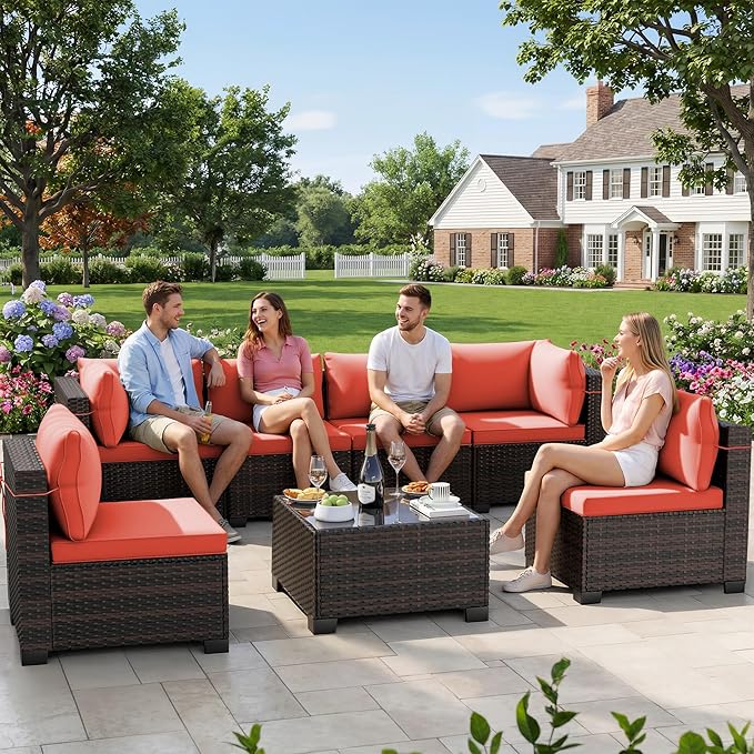 LEVELEVE 7 Pieces Outdoor Patio Furniture Sets,Rattan Conversation Sectional Set,Manual Weaving Wicker Patio Sofa with Tea Table Enjoyyourlife