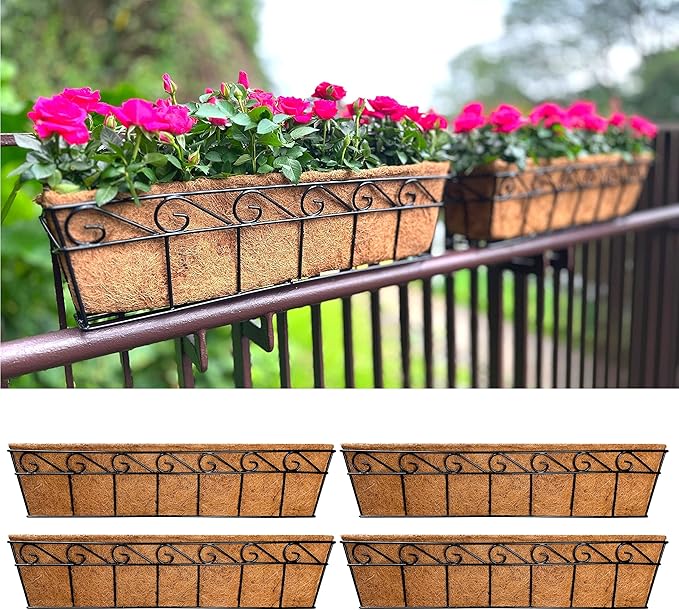 LaLaGreen Wall Mounted Planters - 30 Inch, 4 Pack Window Flower Boxes Basket Outdoor, Balcony Planter Over The Rail, Deck Railing Hanging with Coco Liners, Metal Horse Troughs Fence Patio Porch L%C3%A1L%C3%A1Green