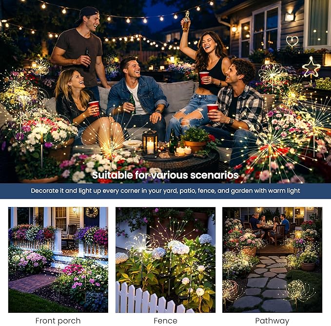 Solar Lights Outdoor, 120LED 2pack Fairy Garden Lights Decor for Outside Fireworks Lights Solar Powered for Yard, Patio, Pathway, Walkway, Balcony, Warm White Suncket