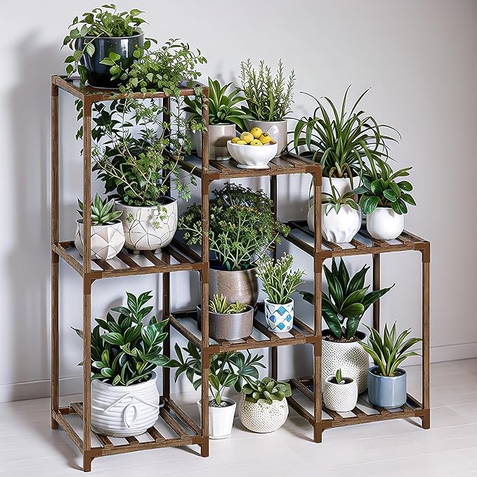 Plant Stand Indoor Outdoor Wood Plant Shelf for Multiple Plants Corner Plant Rack Window Flower Stand for Garden Patio Gentingbro