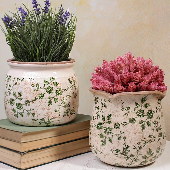Vintage Country Ceramic Vase and Planters, 6.29 Inch Small Plant Pots for Indoor English Garden Decor, Old World Room & Home Decor, Sage Beige XiaanJiaju