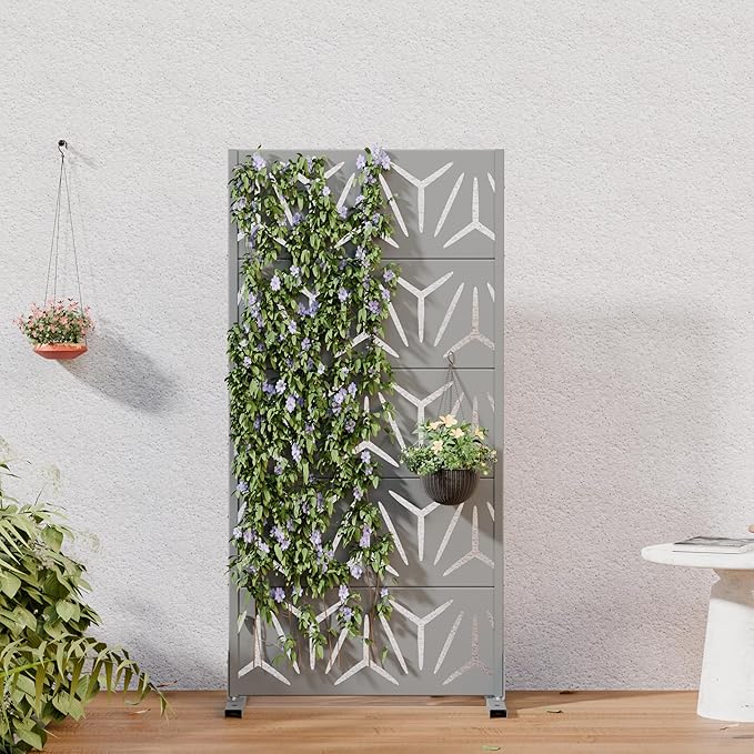 Casaphoria Metal Privacy Screen Outdoor, 60" H x 30" W Freestanding Decorative Privacy Screen for Patio Deck Balcony Garden with Stable Base, Grey-Star Casaphoria