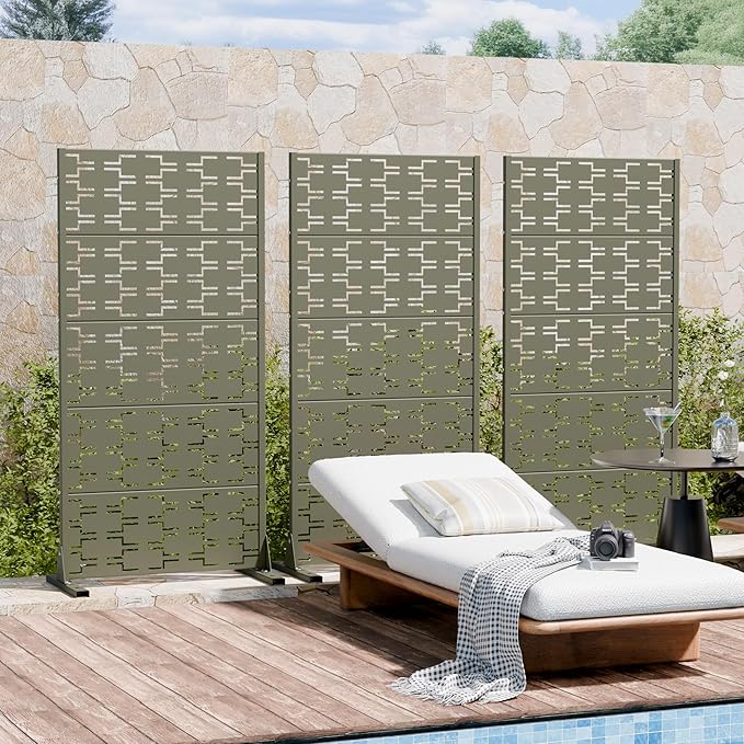 Casaphoria Metal Privacy Screen Outdoor, 60" x 30" W Freestanding Decorative Privacy Screen for Patio Deck Balcony Garden with Stable Base, Green-Brick Casaphoria