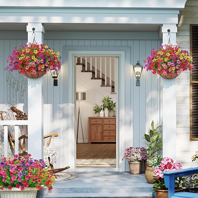 Artificial Faux Hanging Plants Flowers Basket for Outdoors Spring Summer Decoration,Hanging Planters with Fake Silk Flowers UV Resistant Realistic for Outside Porch Patio Balcony Garden （6 Multicolor） Tiabean
