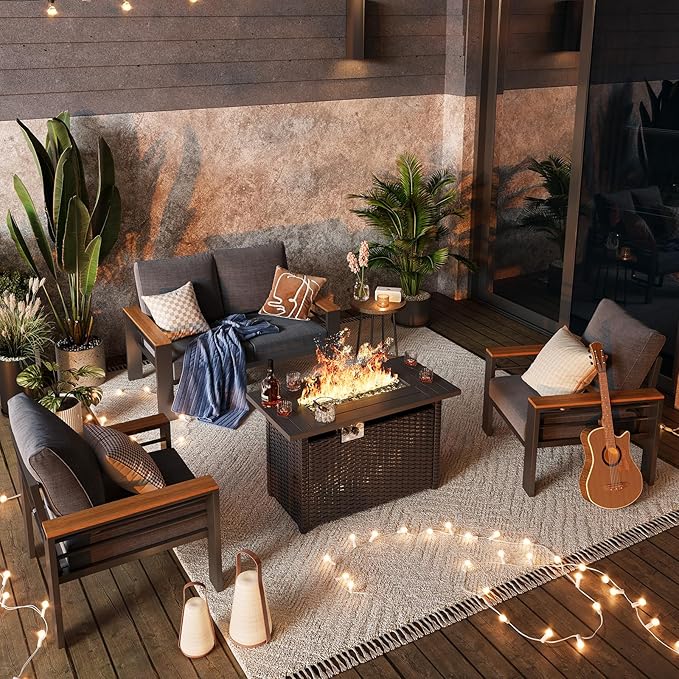 Aoxun Aluminum Outdoor Patio Furniture Set, 5-Piece Outdoor Sectional with 44'' Propane Gas Firepit Table, Patio Conversation Sets with Upgraded Armrests and Cushions for Backyard (Dark Grey,4 Seats) Aoxun