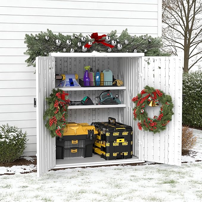 EHHLY Heavy Duty Small Storage Cabinet Outdoor Weatherproof, 14 Cuft Garage Storage Cabinet with 2 Adjustable Shelves, Lockable Kitchen Pantry Closer Organizer, 31Wx23Lx34H, Polar White EHHLY