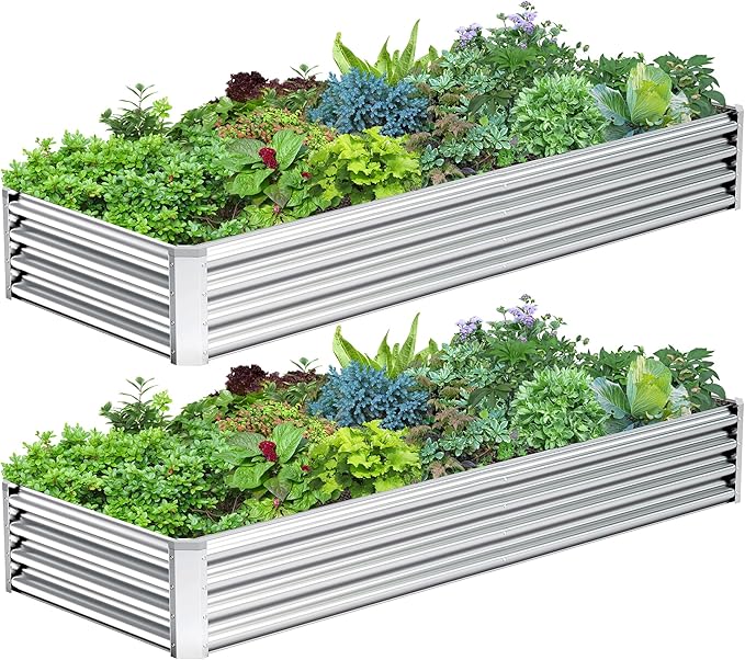 2PCS 8x2x1FT Galvanized Raised Garden Bed, Galvanized Planter Raised Garden Boxes Outdoor, Large Metal Raised Garden Beds for Vegetables-Silver AyenGuard