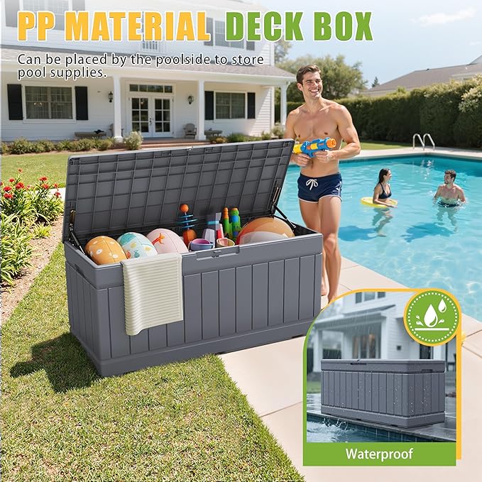 Greesum Outdoor Storage Box 82 Gallon Storage Bin with Lid for Patio Furniture, Garden Tools, Pool Supplies, Waterproof and UV Resistant, Lockable, Gray BuynowfromGreesum