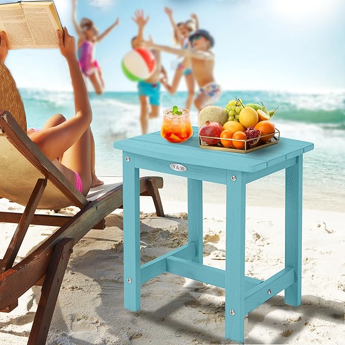 Y&M Outdoor Side Table, HIPS Adirondack Small Single Table, Waterproof Square Outside Table, Balcony Modern End Tables for Patio, Pool, Beach, Porch, Deck, Indoor or Outdoor Use, Light Blue YM