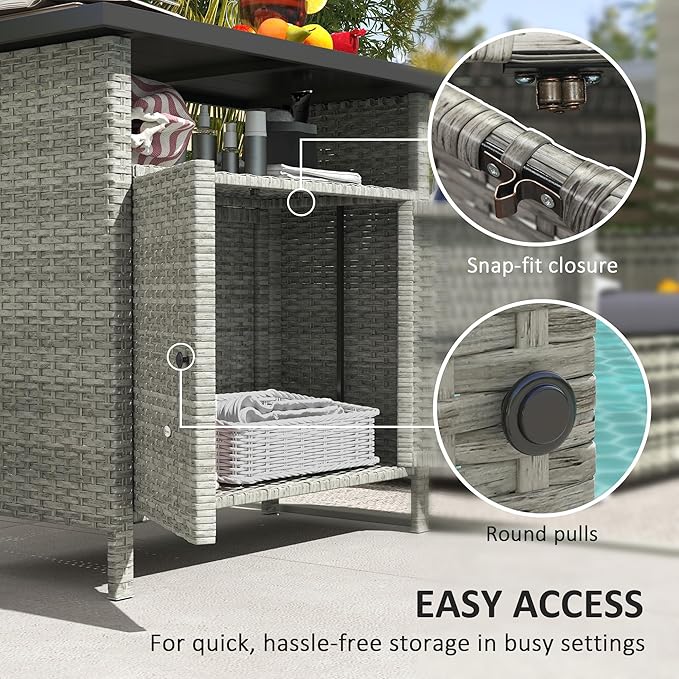 Outsunny Wicker Outdoor Storage Cabinet, Rattan Outdoor Bar Table with 2 Doors and Shelf, Outdoor Buffet Cabinet Sideboard with Metal Slatted Countertop for Poolside, Patio, Backyard, Gray Outsunny
