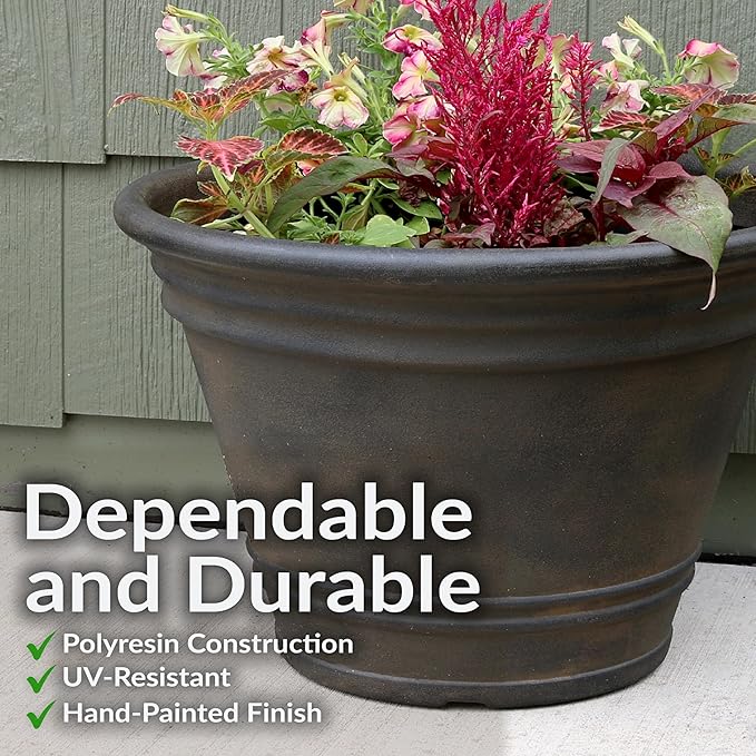 Sunnydaze 20-Inch Franklin Large Plant Pot - Polyresin Round Outdoor Planter with Drillable Drainage Hole - 2 Pack - Sable SunnydazeDecor