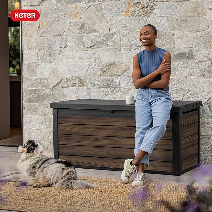 Keter Signature Collection 150 Gallon Resin Deck Box Organization and Storage for Patio Outdoor Cushions, Throw Pillows, Garden Tools and Pool Supplies, Rosewood Keter