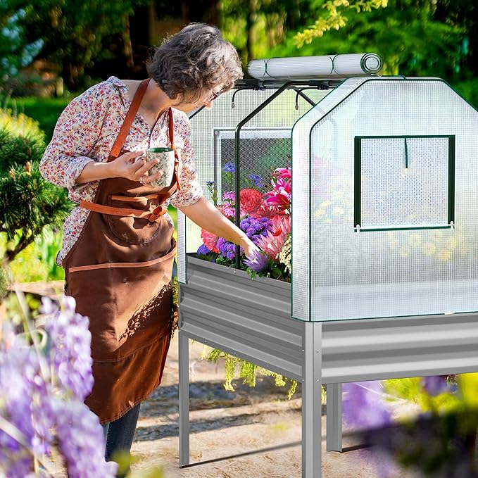 Galvanized Raised Garden Bed with Self-Watering System, Elevated Planter Boxes Outdoor with Legs and PE Cover for Vegetables and Flowers, Backyard, Patio, Balcony, 48x24x56 in Lineware