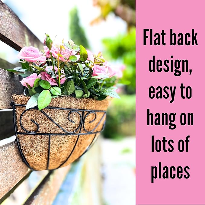 LaLaGreen 16 Inch Wall Hanging Planters - 2 Pack, Large Wall Mounted Flower Basket with Coco Liner, Black Metal Horse Trough Window Herb Pot Holder Outdoor Plants Fence Rail Railing Deck Porch Balcony L%C3%A1L%C3%A1Green