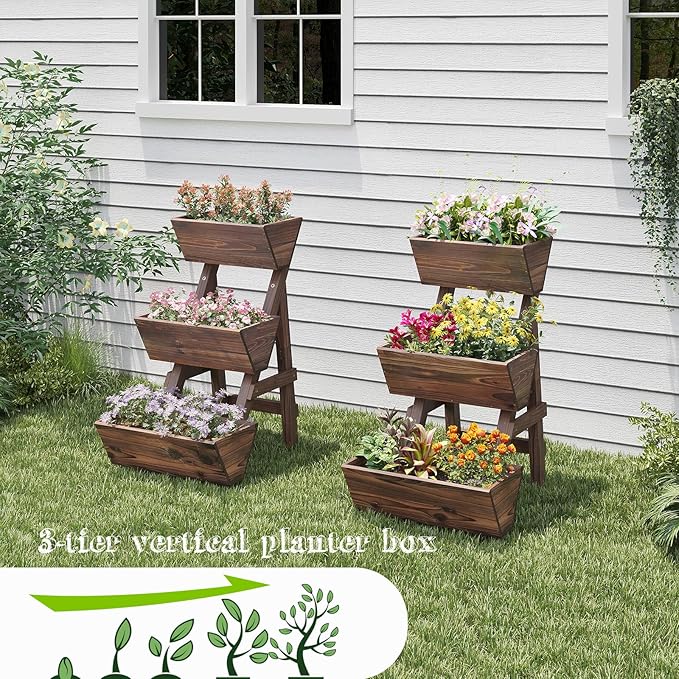 3-Tiers Wooden Raised Garden Bed Tiered Planter Box Flower Pots Vertical Garden Planter Wood Plant Stand Planter Kit for Vegetables Flowers Herbs for Patio Balcony Freestanding (Carbonized S) Dawnyard