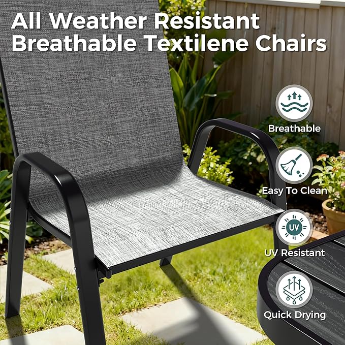 Pamapic Outdoor Dining Sets for 6, Rectangular Steel Slat Table with 6 Textilene Chairs, 7 Piece Patio Table and Chairs Set with Umbrella Hole for Patio, Garden, Backyard and Poolside (Grey) Pamapic