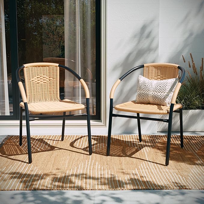 EMMA + OLIVER Set of 2 Modern Rattan Indoor/Outdoor Stack Chairs, Stacking Rattan Patio Chairs with Curved Back and Cross Bracing, Beige EMMAOLIVER
