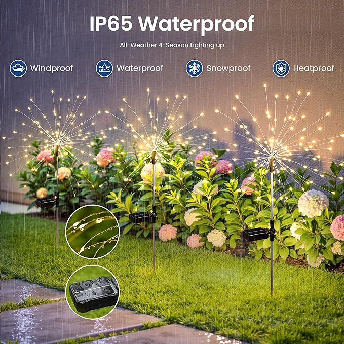 Solar Lights Outdoor, 120LED 6 Pack Fairy Garden Lights Decor for Outside Fireworks Lights Solar Powered for Yard, Patio, Pathway, Walkway, Balcony, Warm White Suncket