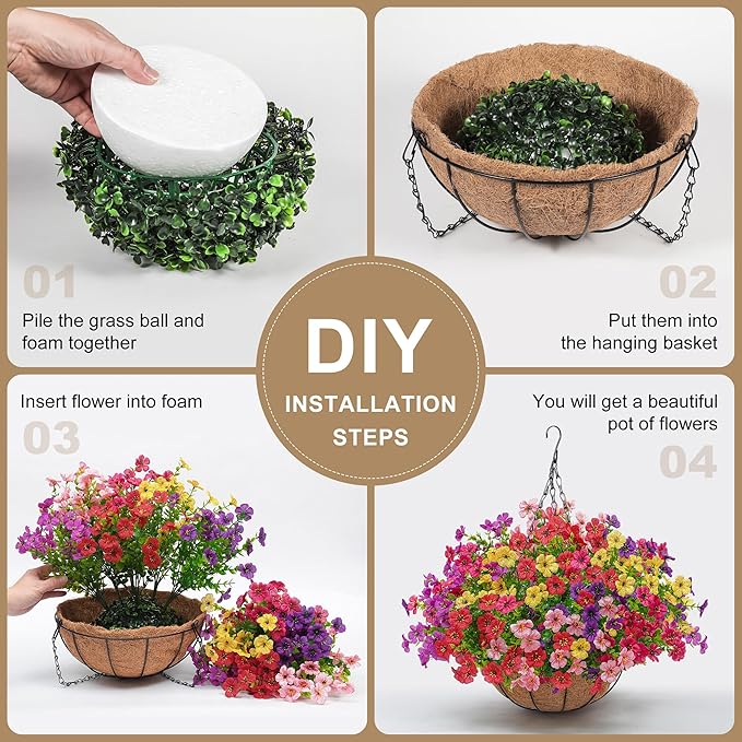 Artificial Faux Hanging Plants Flowers Basket for Outdoors Spring Summer Decoration,Hanging Planters with Fake Silk Flowers UV Resistant Realistic for Outside Porch Patio Balcony Garden （6 Multicolor） Tiabean