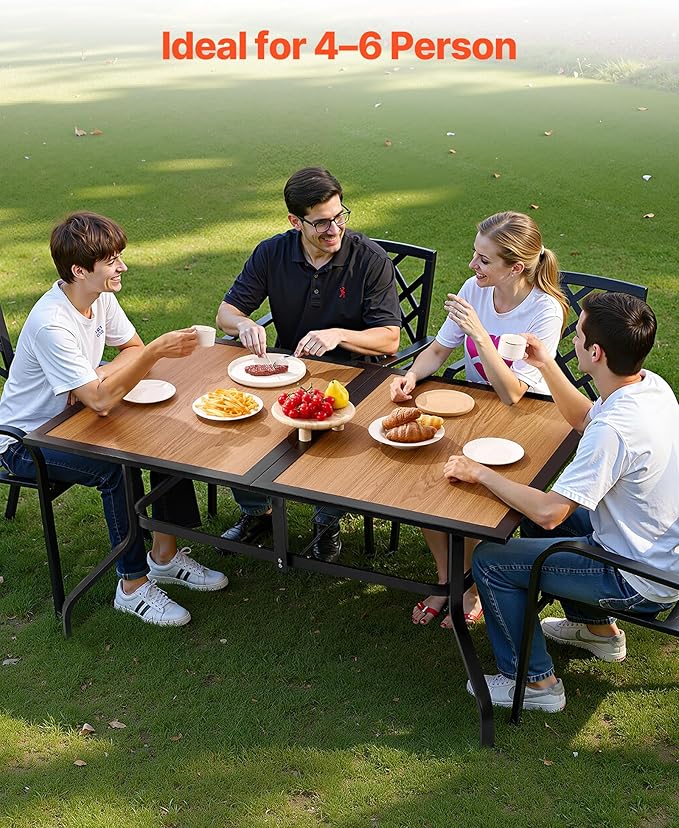 VEVOR Outdoor Patio Dining Table, 59 inch Long Rectangular Wood-Like Steel Slat Backyard Bistro Tables for 4-6, with 1.5 in Umbrella Hole, All-Weather Large Furniture for Lawn Garden Porch, Brown VEVOR