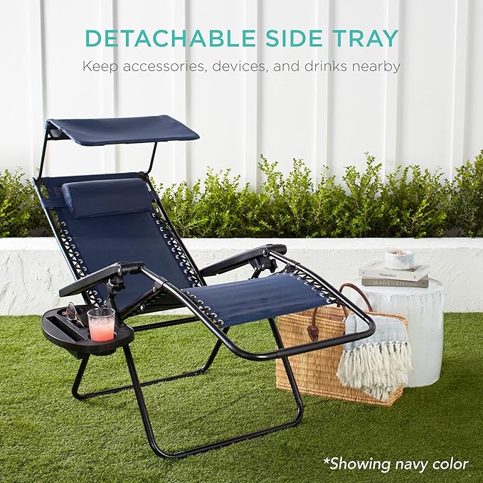 Best Choice Products Folding Zero Gravity Outdoor Recliner Patio Lounge Chair w/Adjustable Canopy Shade, Headrest, Side Accessory Tray, Textilene Mesh - Black BestChoiceProducts