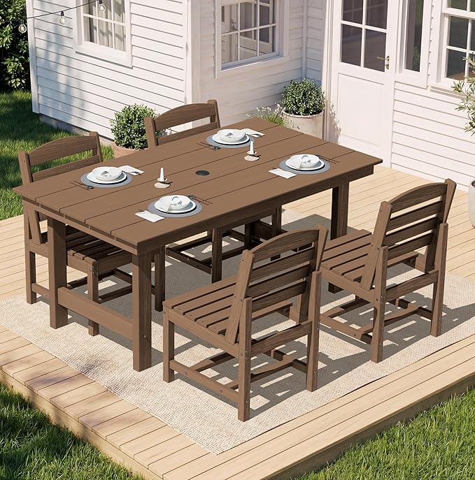 SERWALL Patio Dining Sets for 6 Person, HDPE Dining Set with 6 Armless Chairs, Brown SERWALL